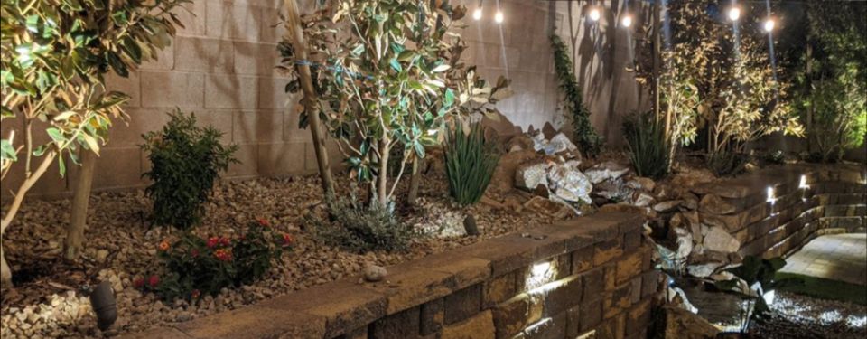 Night lit, outdoor landscaping in backyard.